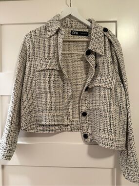 ZARA Black & Cream Textured Tweed Cropped Blazer
